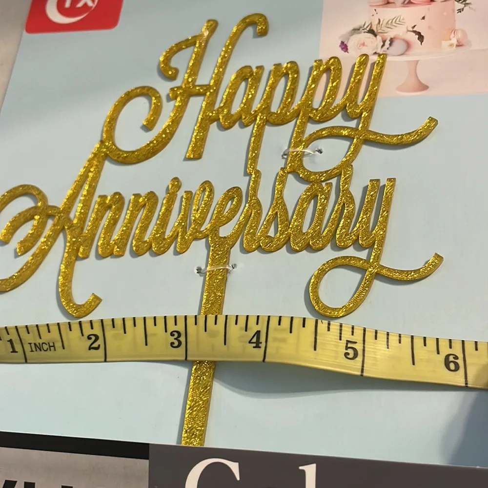 NIB Acrylic “Happy Anniversary” Glittery Gold Cake Topper